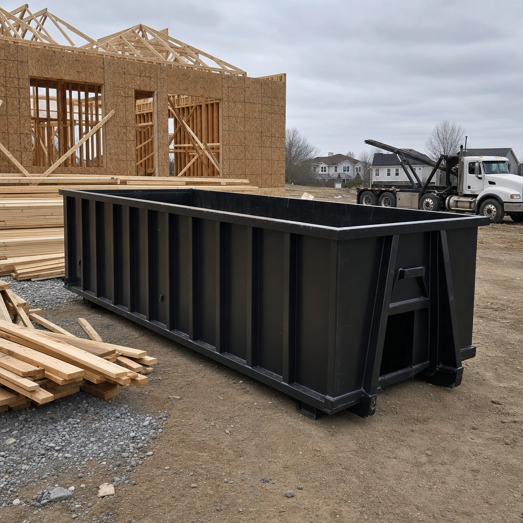 Matte-black 40-yard roll-off dumpster staged on a framed-out residential construction site in Oshkosh, framing lumber stacked nearby, hooklift delivery truck visible in the background under bright Colorado daylight