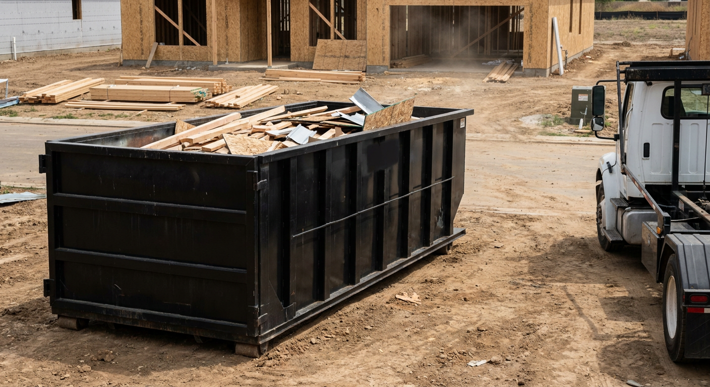 Matte-black 20-yard roll-off construction dumpster with heavy ribbed steel sidewalls and swing rear doors at a working jobsite in Oshkosh, sitting directly on compacted dirt with an unmarked white hauler partially visible at the far edge of the frame.