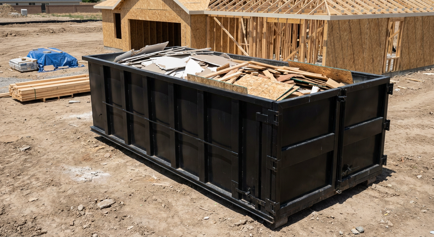 Matte-black 30-yard roll-off construction dumpster sitting directly on the compacted-dirt site of a framed single-family home build in Oshkosh, drywall and lumber scrap loaded inside.