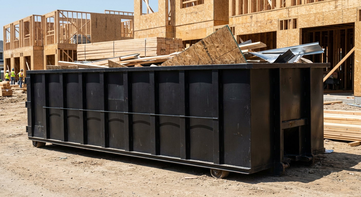 Matte-black 40-yard roll-off construction dumpster being lowered from a white-cab hooklift delivery truck onto the compacted-dirt jobsite at a commercial build site in Oshkosh