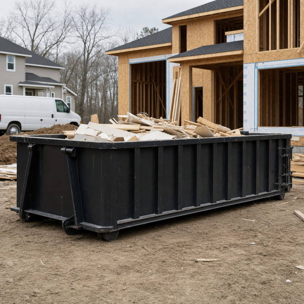 Worker in a yellow high-visibility vest tossing framing lumber and broken drywall into a matte-black 30-yard construction roll-off dumpster on an active build site in Oshkosh, bright daylight