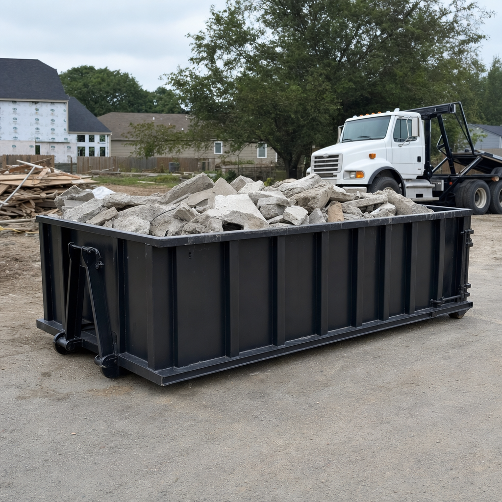 Low-profile matte-black lowboy roll-off dumpster loaded with broken concrete slab and rebar at a foundation tear-out in Oshkosh, skid steer parked beside it, sunny Colorado morning