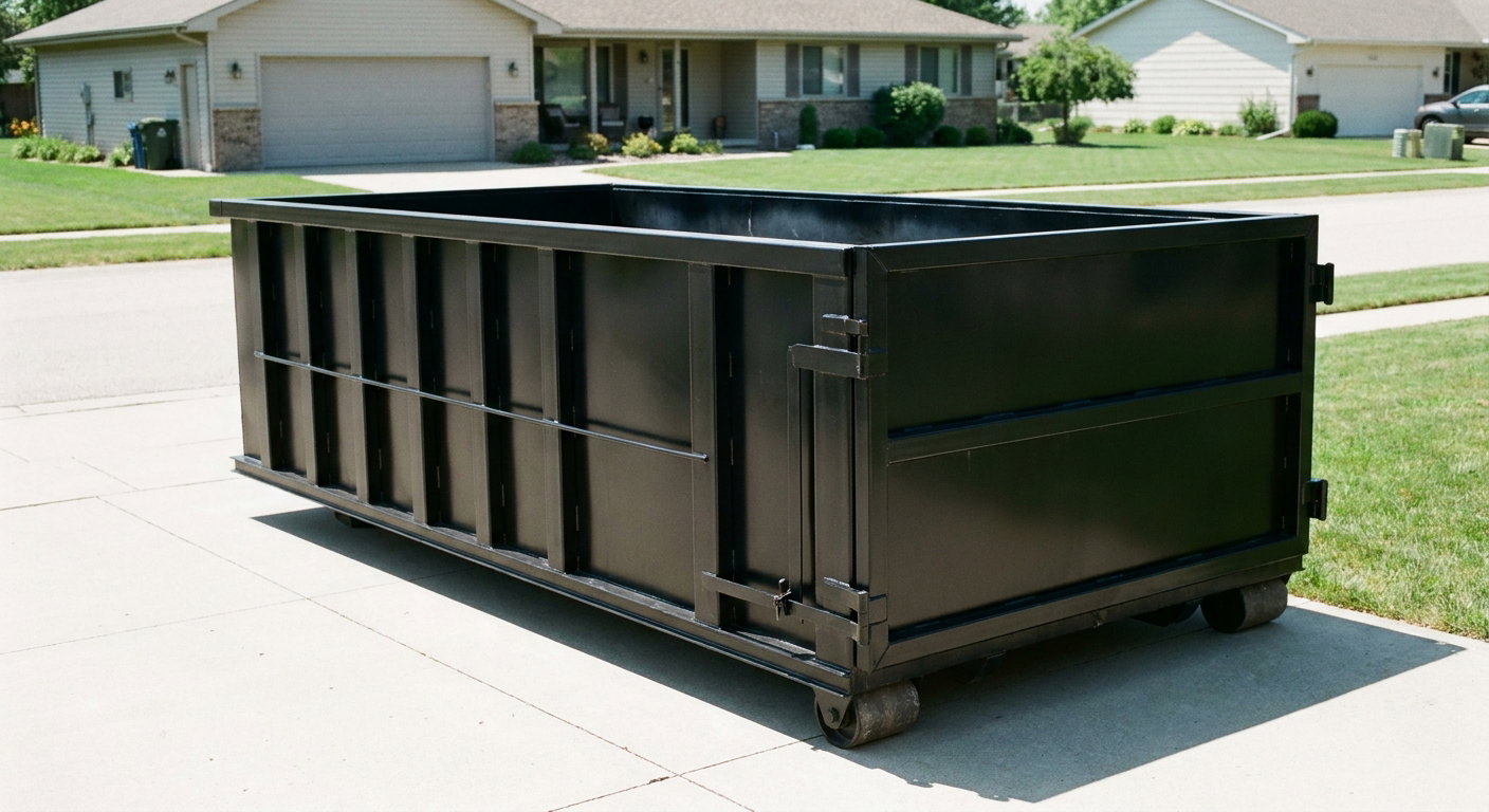 Matte-black 10-yard roll-off dumpster on a residential concrete driveway in Oshkosh, uniformly painted matte black across every panel and rail, ribbed steel sidewalls and rear swing door visible, mid-day daylight.