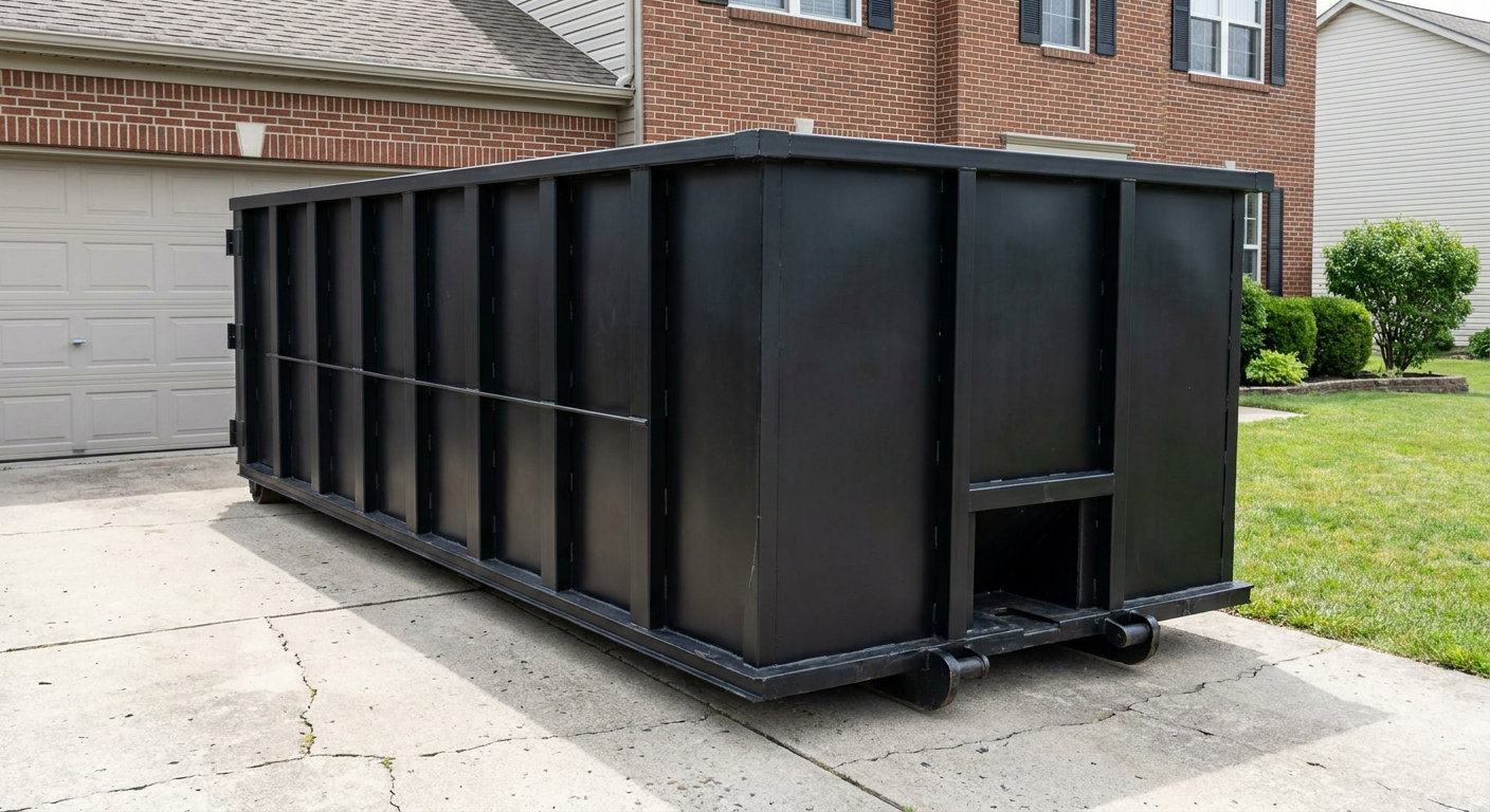 Matte-black 20-yard roll-off container on a Oshkosh residential concrete driveway with reinforced ribbed steel sidewalls and a hinged rear walk-in door, clean bright daylight.