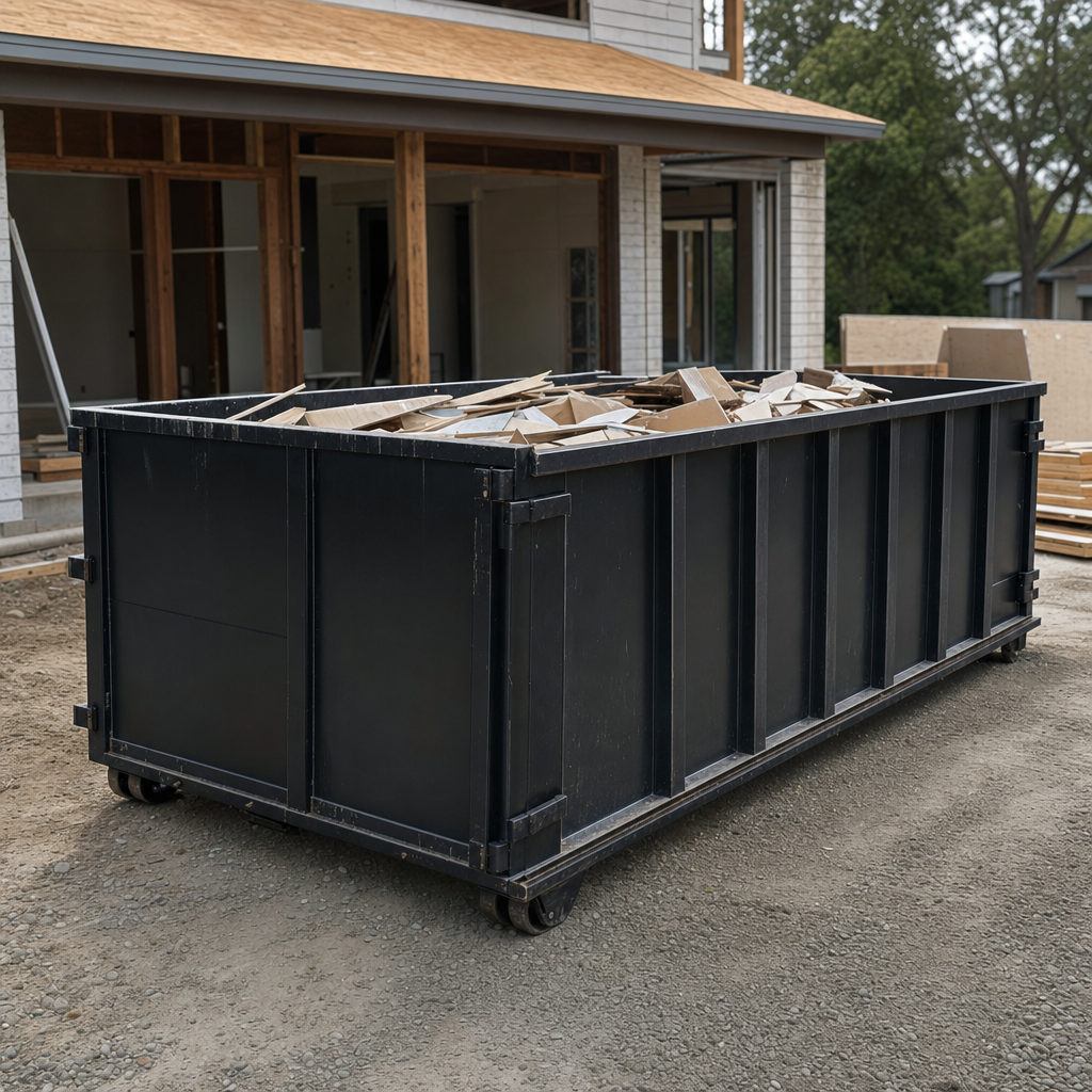 Large matte-black 30-yard construction roll-off dumpster at an active Oshkosh jobsite, steel-gray top rails and bottom rollers visible, loaded with construction debris.