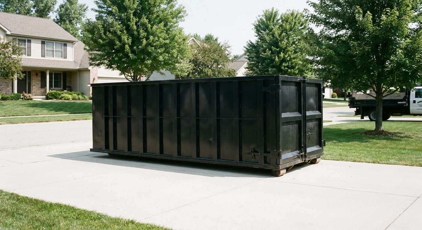 Matte-black 20-yard roll-off dumpster sitting level on a clean Oshkosh residential concrete driveway under bright daylight, demonstrating clean placement directly on the concrete.
