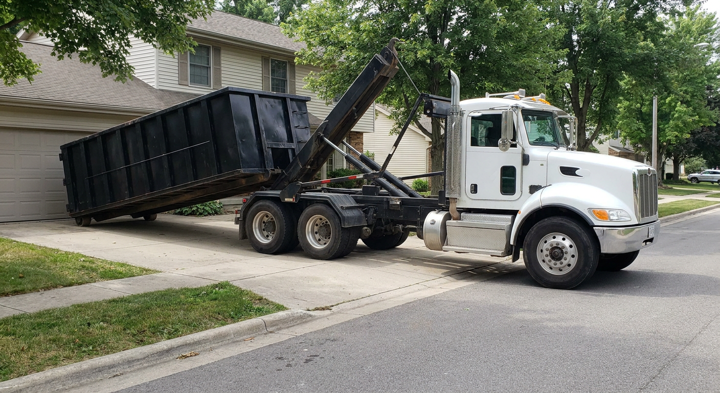 White-cab hooklift roll-off truck actively lowering a matte-black dumpster onto a Oshkosh residential concrete driveway, the dumpster's rear wheels touching the driveway as the hoist arm tilts the bed forward, mid-morning daylight.