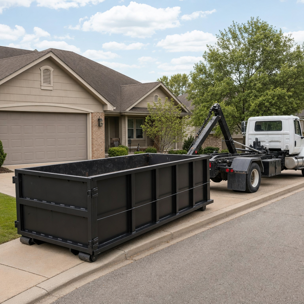 Wide documentary shot of a matte-black roll-off dumpster on a Oshkosh residential driveway in the foreground and a contractor jobsite container in the soft-focus background, bright daylight, calm and orderly composition.