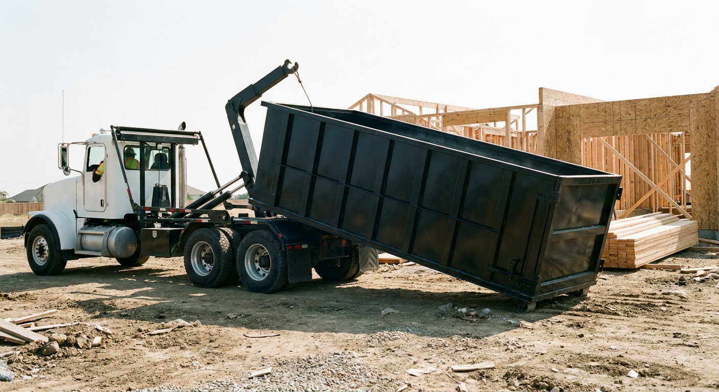 Matte-black roll-off dumpster being delivered onto a clean residential concrete driveway in Oshkosh by an unmarked white hooklift hauler truck, bright morning daylight, documentary 35mm perspective.