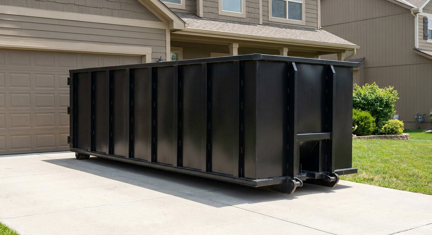 Matte-black residential roll-off dumpster sitting directly on a suburban Oshkosh concrete driveway, garage door closed, single-family home in background, bright morning daylight.