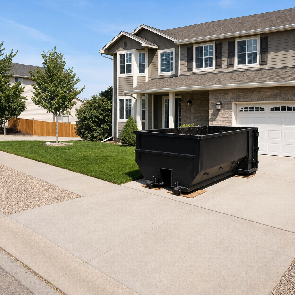 10-yard matte-black residential dumpster placed directly on a narrow Oshkosh concrete driveway, room remains for a parked sedan beside it, mid-morning natural light