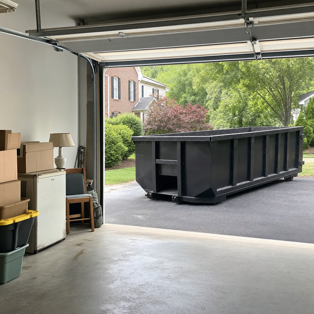 Open garage interior in a Oshkosh home mid-cleanout — boxed items, an old appliance, and stacked yard tools queued near the driveway for a matte-black roll-off dumpster, organized and calm