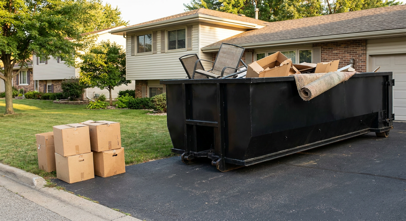 Front-yard view of a Oshkosh split-level home with a 20-yard matte-black roll-off dumpster sitting directly on the asphalt driveway, a few clearly labeled donation boxes staged at the curb, calm sunny afternoon.