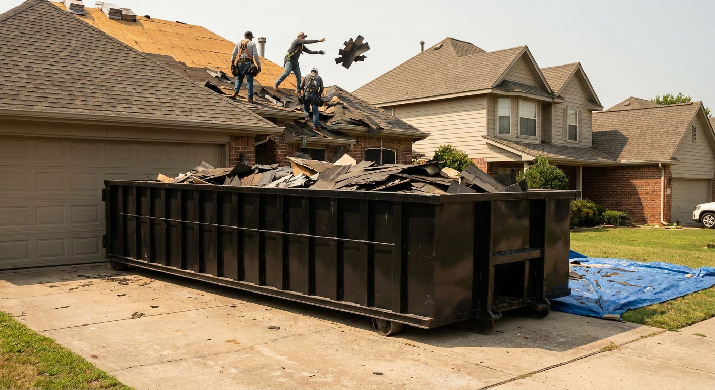 Matte-black roofing roll-off dumpster placed directly on a Oshkosh residential concrete driveway, a tear-off crew on a two-story asphalt-shingle roof tossing shingle bundles into the low-walled container, bright daylight, documentary 35mm perspective.