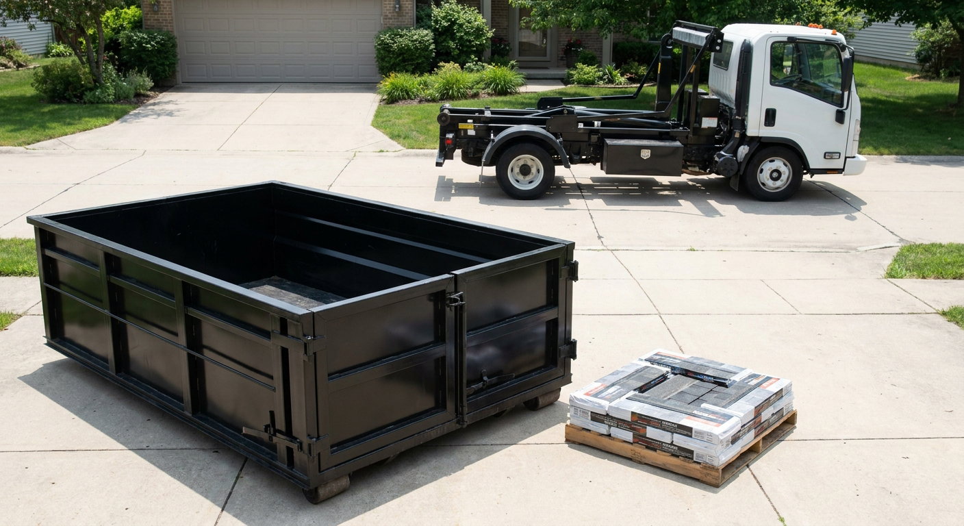 Matte-black 15-yard roofing roll-off dumpster with reinforced low side walls sitting directly on a Oshkosh residential concrete driveway, three-tab asphalt shingle bundles stacked nearby, an unmarked white hauler truck partially visible at the edge of the frame.