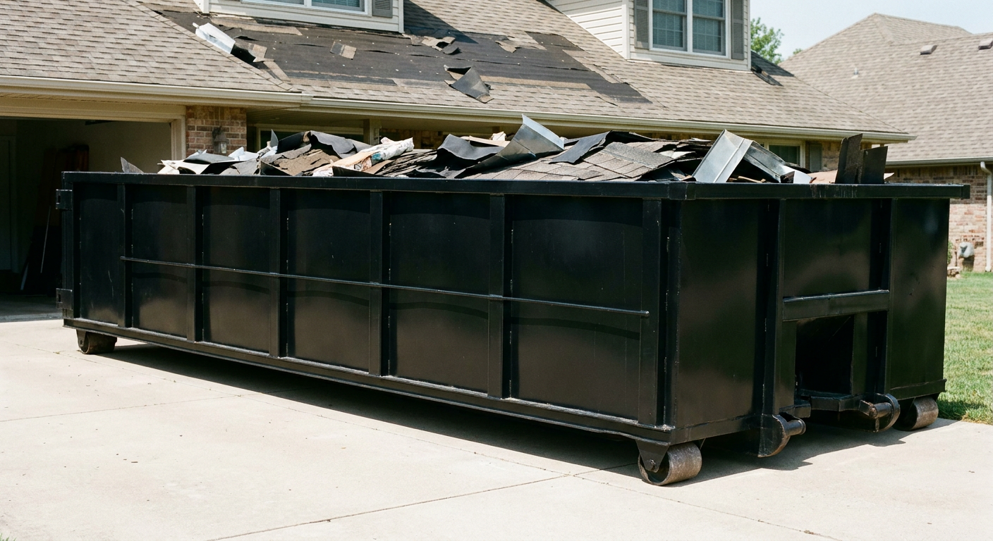 Matte-black 20-yard roofing roll-off dumpster with steel ribbed sides and swinging rear door, sitting directly on the concrete driveway of a two-story Oshkosh home, asphalt shingle debris being loaded over the low wall, clean documentary lighting.