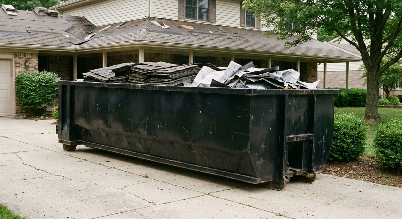 Matte-black 30-yard roofing roll-off dumpster sitting directly on a Oshkosh concrete driveway, taller ribbed steel side panels, mixed tear-off debris of asphalt shingles and underlayment inside, professional documentary daylight.