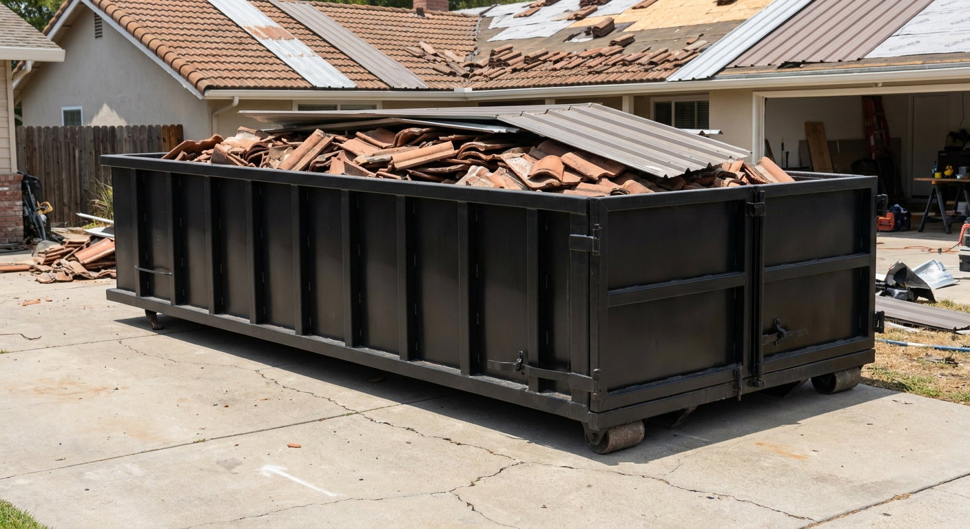Matte-black low-wall heavy-debris roofing roll-off dumpster sitting directly on a Oshkosh concrete driveway, broken concrete clay roof tiles and metal panel sections loaded inside, reinforced ribbed steel side walls visible, bright outdoor daylight.