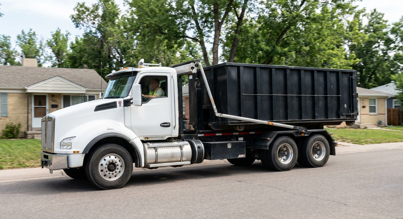 A wide documentary shot of a matte-black roll-off delivery truck pulling onto a quiet Oshkosh residential street at mid-morning, with neighborhood rooftops and tree-lined blocks visible behind, showing the metro coverage footprint.