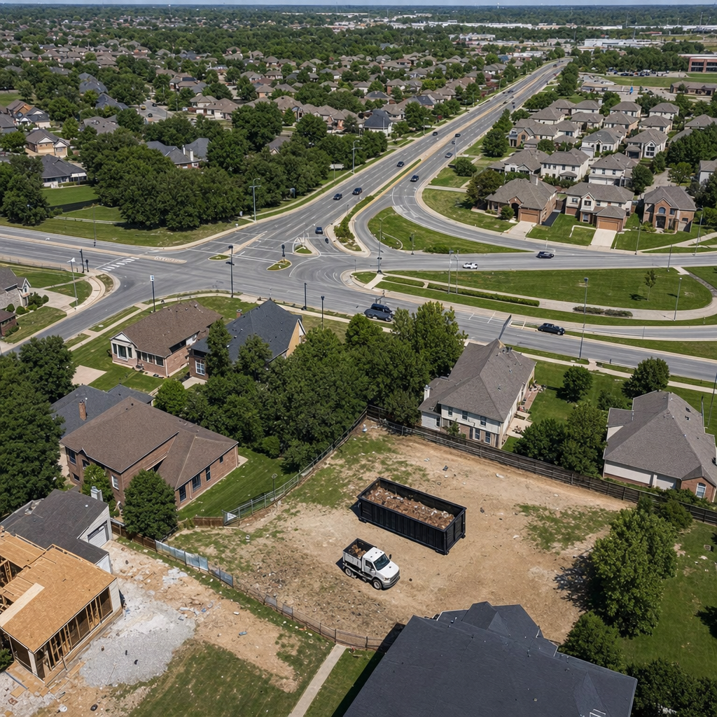 An overhead documentary view of the Oshkosh metro area at midday, showing the spread of neighborhoods, arterial roads, and the dispatch radius from a central yard — clean daylight, organized geographic layout.