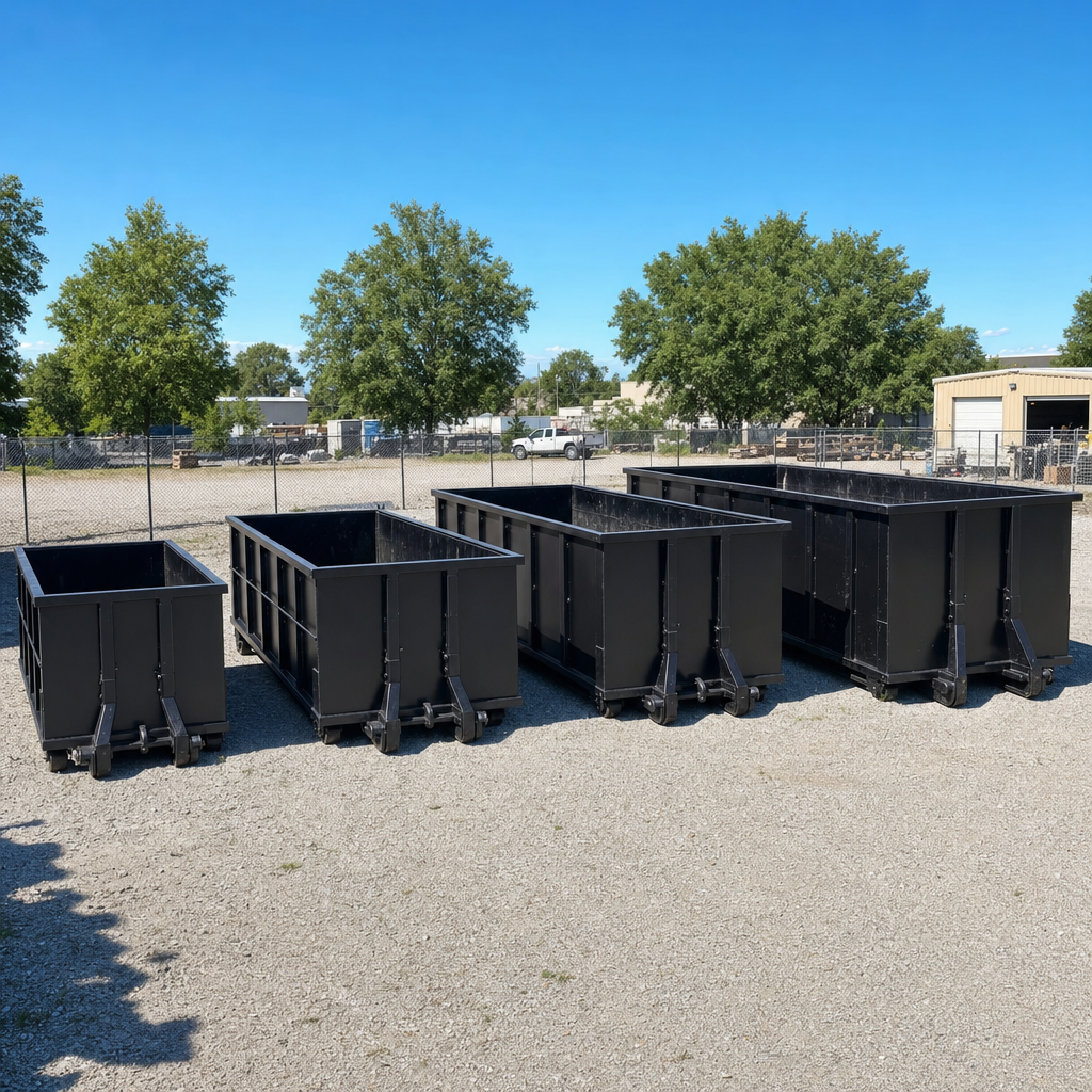 A clean lineup of matte-black roll-off dumpsters in 10, 20, 30, and 40-yard sizes staged on a sunlit gravel yard in Oshkosh, showing the size progression from compact to commercial-scale containers.