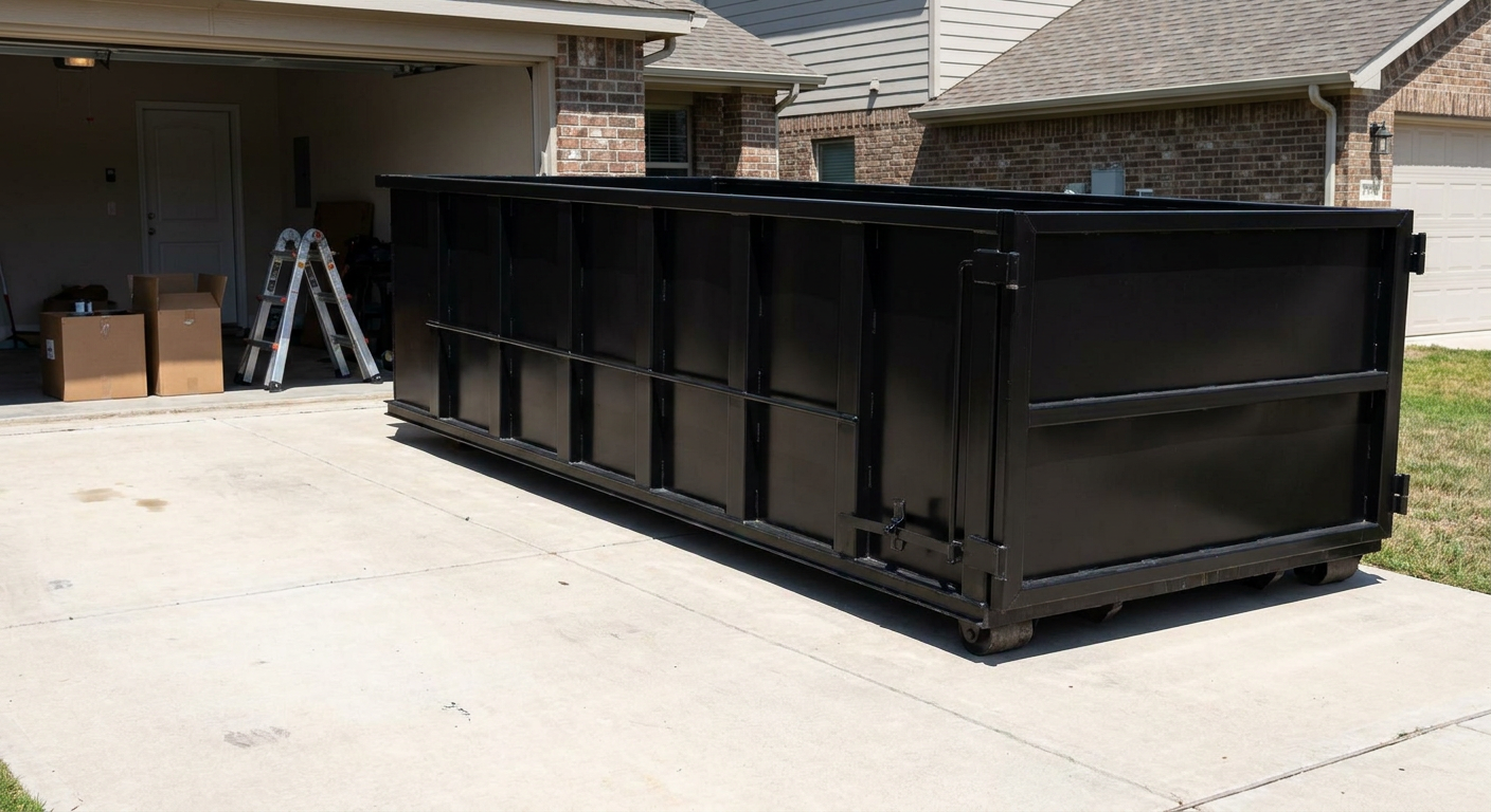A matte-black 10-yard roll-off dumpster sitting directly on a residential Oshkosh concrete driveway, mid-day sunlight, clean and ready for a garage cleanout.