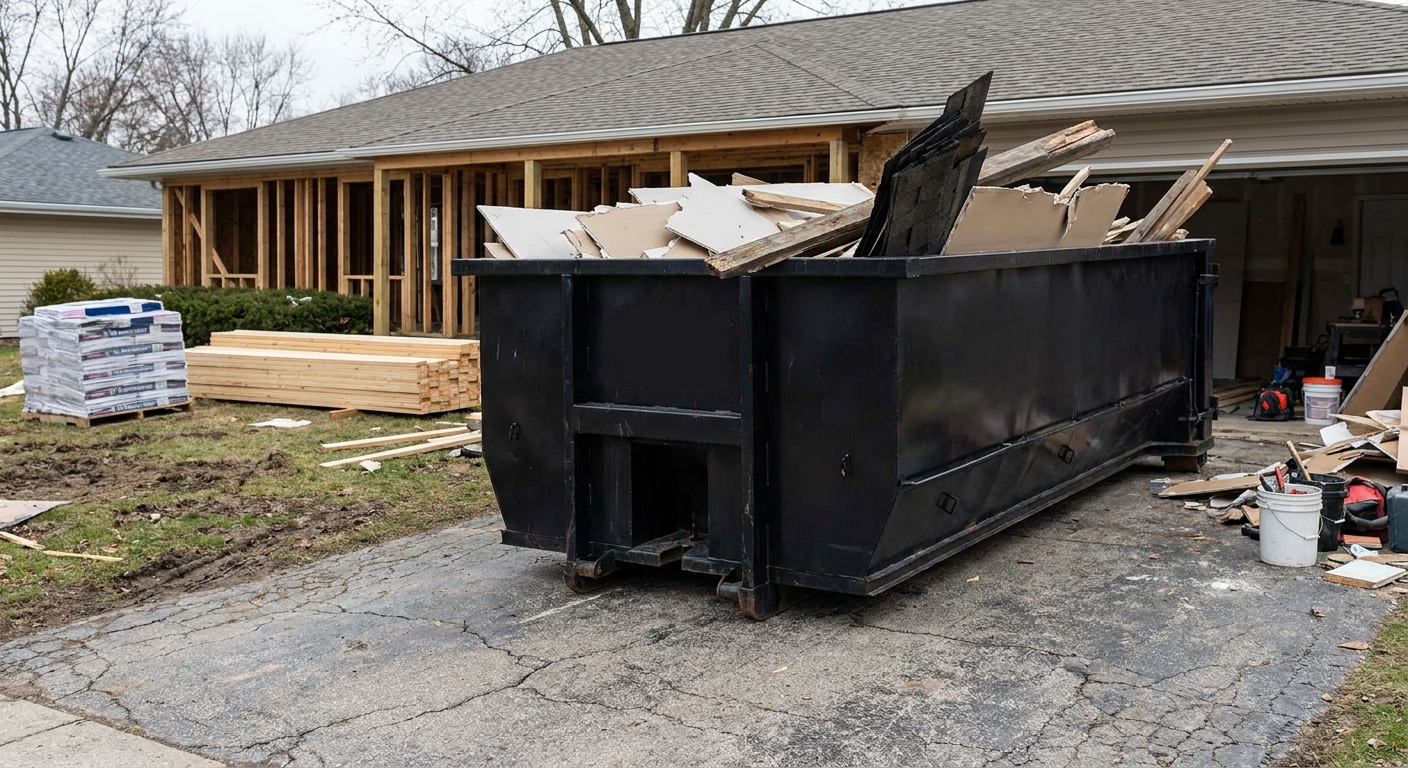 A matte-black 20-yard roll-off dumpster placed alongside a mid-renovation Oshkosh home directly on the asphalt driveway, with framing materials and torn-off shingles staged neatly nearby.