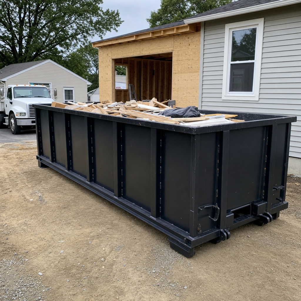 A matte-black 30-yard roll-off dumpster positioned at a Oshkosh residential addition jobsite, with framing lumber and drywall scraps loaded through the open swinging rear doors.
