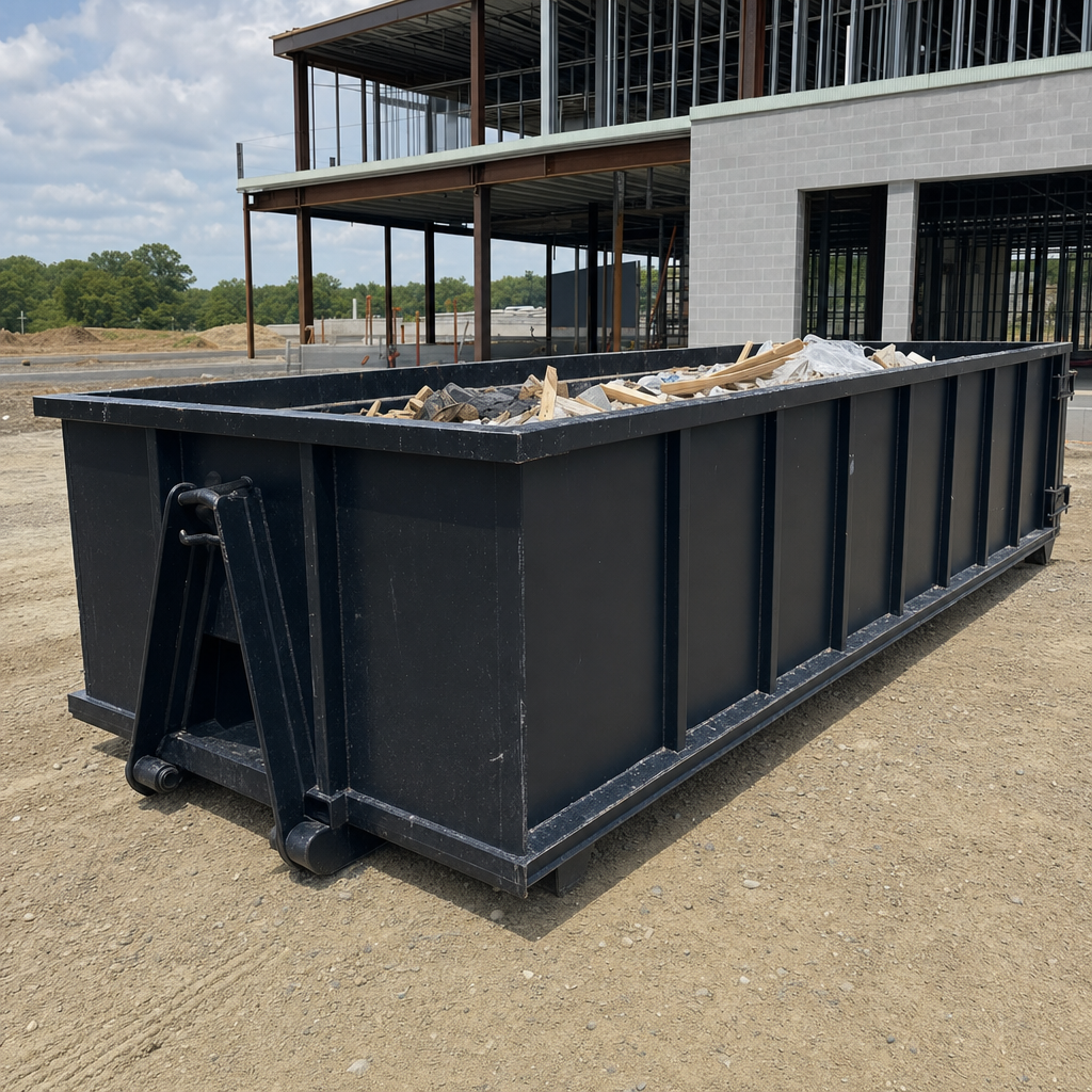 A matte-black 40-yard roll-off dumpster staged on a large Oshkosh commercial construction lot, with a hooklift delivery truck parked alongside under bright midday sky.