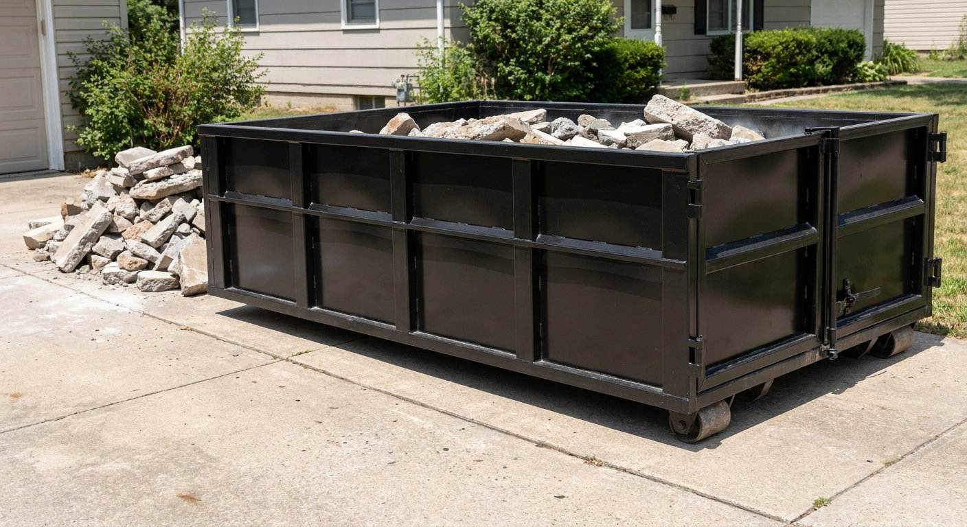 A matte-black low-side heavy-debris roll-off dumpster placed directly on a Oshkosh concrete driveway, with broken concrete chunks neatly stacked beside it under clean daylight.